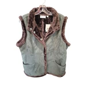 NWT D & Co. Olive Green‎ Suede Faux Fur Trim Vest Women large